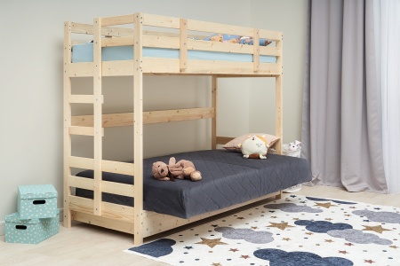 Двухъярусная кровать массив с диван-кроватью велюр серый / натуральный