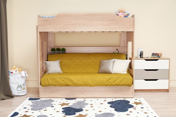 Двухъярусная кровать с диван-кроватью велюр желтый / дуб сонома