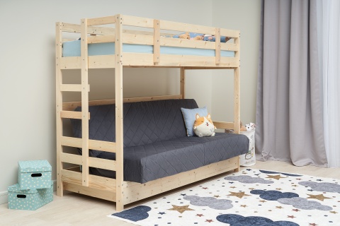 Двухъярусная кровать массив с диван-кроватью велюр серый / натуральный