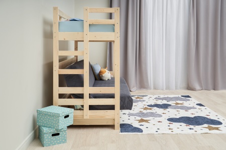 Двухъярусная кровать массив с диван-кроватью велюр серый / натуральный