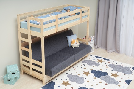 Двухъярусная кровать массив с диван-кроватью велюр серый / натуральный